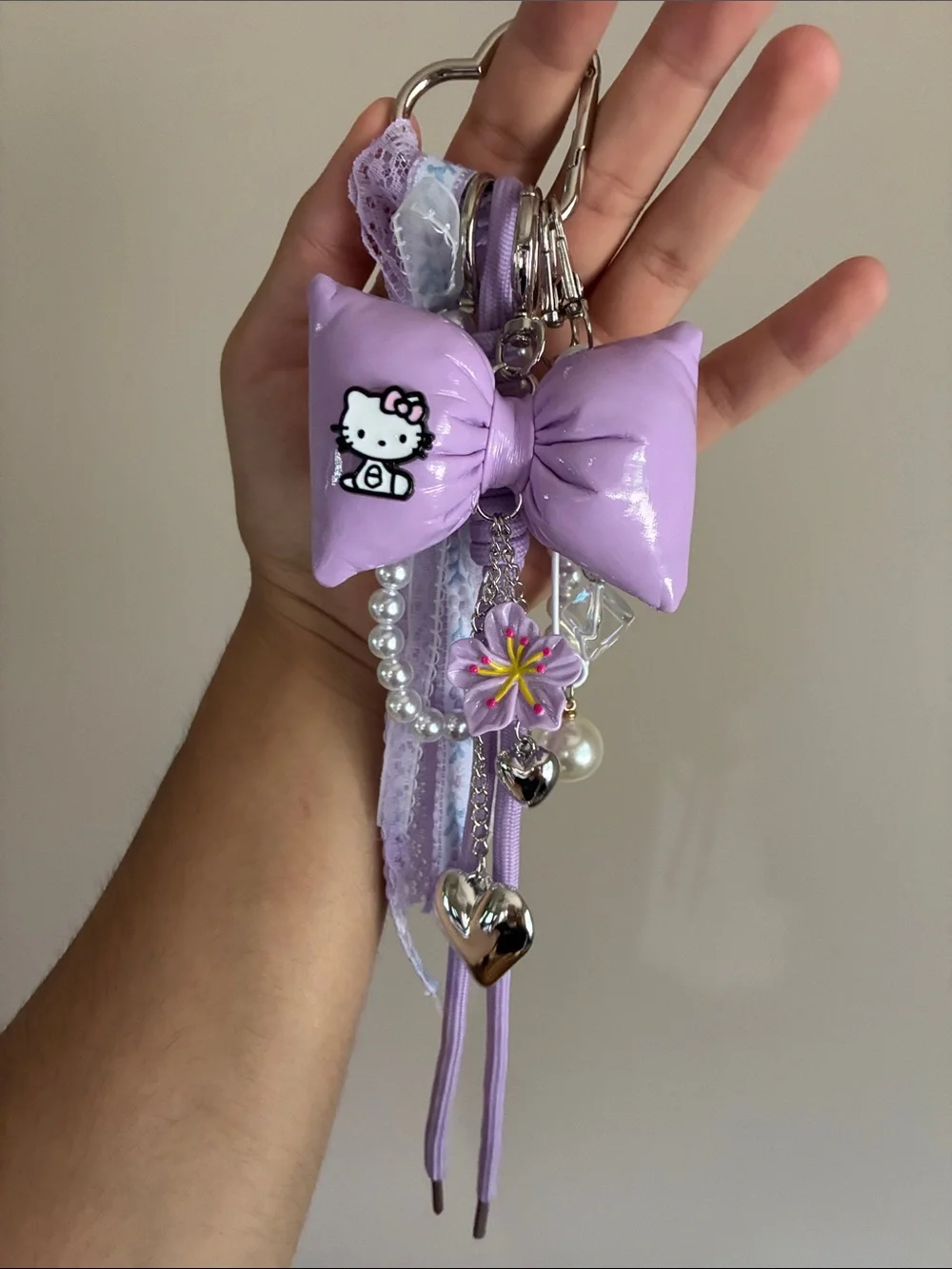 Hello Kitty Lavender Bow Bag Charm with Pearls & Hearts